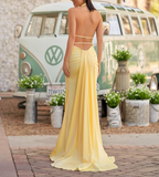 Niulatu Deep V Neck Yellow Satin Backless Long Prom Dresses with Slit HZ1103