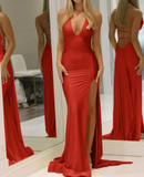 Niulatu Deep V Neck Yellow Satin Backless Long Prom Dresses with Slit HZ1103