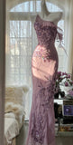 Niulatu Light Purple One Shoulder Bodycon Beading Chiffon Prom Dress Vintage Glitter Evening Gown HZ1103
