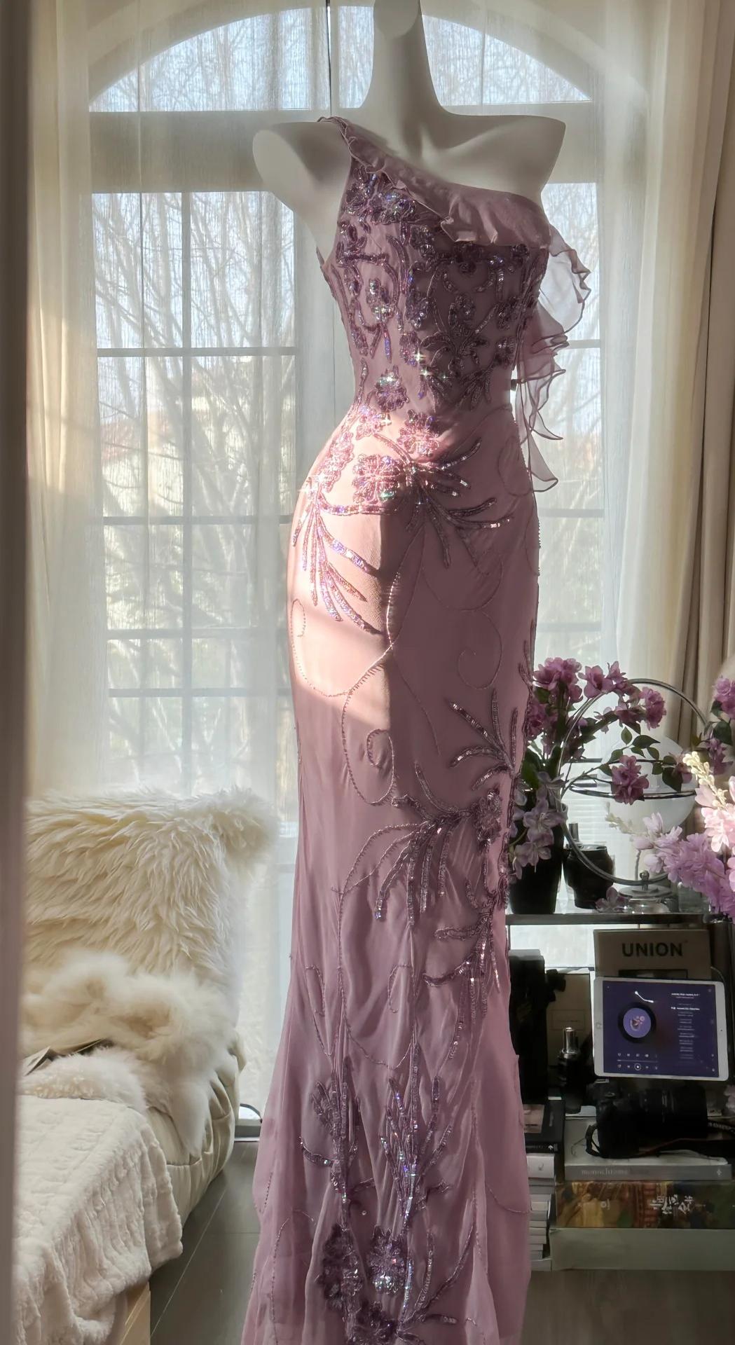 Niulatu Light Purple One Shoulder Bodycon Beading Chiffon Prom Dress Vintage Glitter Evening Gown HZ1103