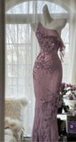 Niulatu Light Purple One Shoulder Bodycon Beading Chiffon Prom Dress Vintage Glitter Evening Gown HZ1103