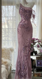 Niulatu Light Purple One Shoulder Bodycon Beading Chiffon Prom Dress Vintage Glitter Evening Gown HZ1103