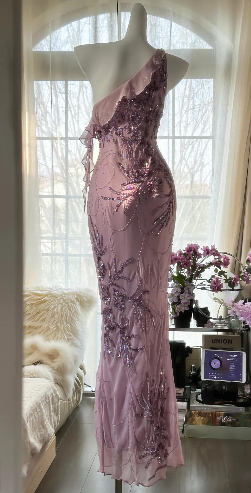 Niulatu Light Purple One Shoulder Bodycon Beading Chiffon Prom Dress Vintage Glitter Evening Gown HZ1103