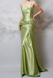 Niulatu Y2k Green Sheath Spaghetti Strap Satin Prom Dress Elegant Evening Gown for Birthday HZ1103