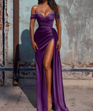 Niulatu Beaded Mermaid Satin Off Shoulder Long Prom Dress Evening Gown with Slit HZ1103