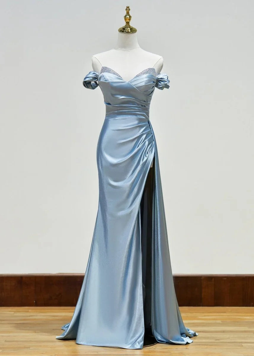 Niulatu Beaded Mermaid Satin Off Shoulder Long Prom Dress Evening Gown with Slit HZ1103