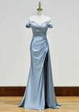 Niulatu Beaded Mermaid Satin Off Shoulder Long Prom Dress Evening Gown with Slit HZ1103