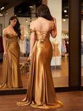 Niulatu Beaded Mermaid Satin Off Shoulder Long Prom Dress Evening Gown with Slit HZ1103