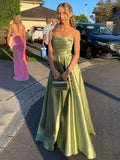 Niulatu Sage Green Satin A-line Long Prom Dress With Slit Strapless Evening Dress HZ1103