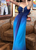 Niulatu Chiffon Gradient Blue Prom Dress for Party Elegant 2000s Spaghetti Strap Evening Gown HZ1103