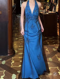 Niulatu V-neck Blue Beaded Satin Sheath Elegant Backless Chiffon Spaghetti Strap Long Evening Gown HZ1103