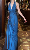 Niulatu V-neck Blue Beaded Satin Sheath Elegant Backless Chiffon Spaghetti Strap Long Evening Gown HZ1103
