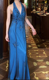 Niulatu V-neck Blue Beaded Satin Sheath Elegant Backless Chiffon Spaghetti Strap Long Evening Gown HZ1103