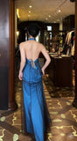 Niulatu V-neck Blue Beaded Satin Sheath Elegant Backless Chiffon Spaghetti Strap Long Evening Gown HZ1103