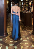 Niulatu V-neck Blue Beaded Satin Sheath Elegant Backless Chiffon Spaghetti Strap Long Evening Gown HZ1103