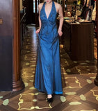 Niulatu V-neck Blue Beaded Satin Sheath Elegant Backless Chiffon Spaghetti Strap Long Evening Gown HZ1103