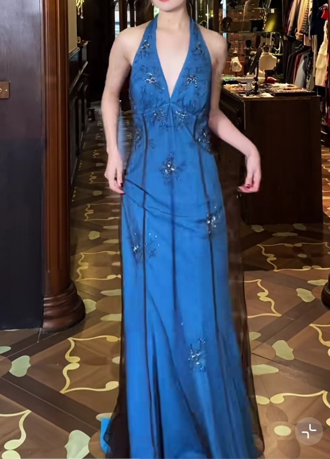Niulatu V-neck Blue Beaded Satin Sheath Elegant Backless Chiffon Spaghetti Strap Long Evening Gown HZ1103