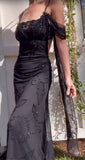 Niulatu Black Spaghetti Strap Chiffon Beaded Long Prom Dress Vintage Backless Party Dress HZ1103