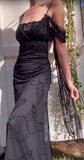 Niulatu Black Spaghetti Strap Chiffon Beaded Long Prom Dress Vintage Backless Party Dress HZ1103