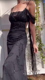 Niulatu Black Spaghetti Strap Chiffon Beaded Long Prom Dress Vintage Backless Party Dress HZ1103