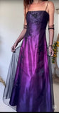 Niulatu Midnight Purple Satin Long Prom Dress Enchanted Spaghetti Strap Beading & Tulle Evening Gown HZ1103