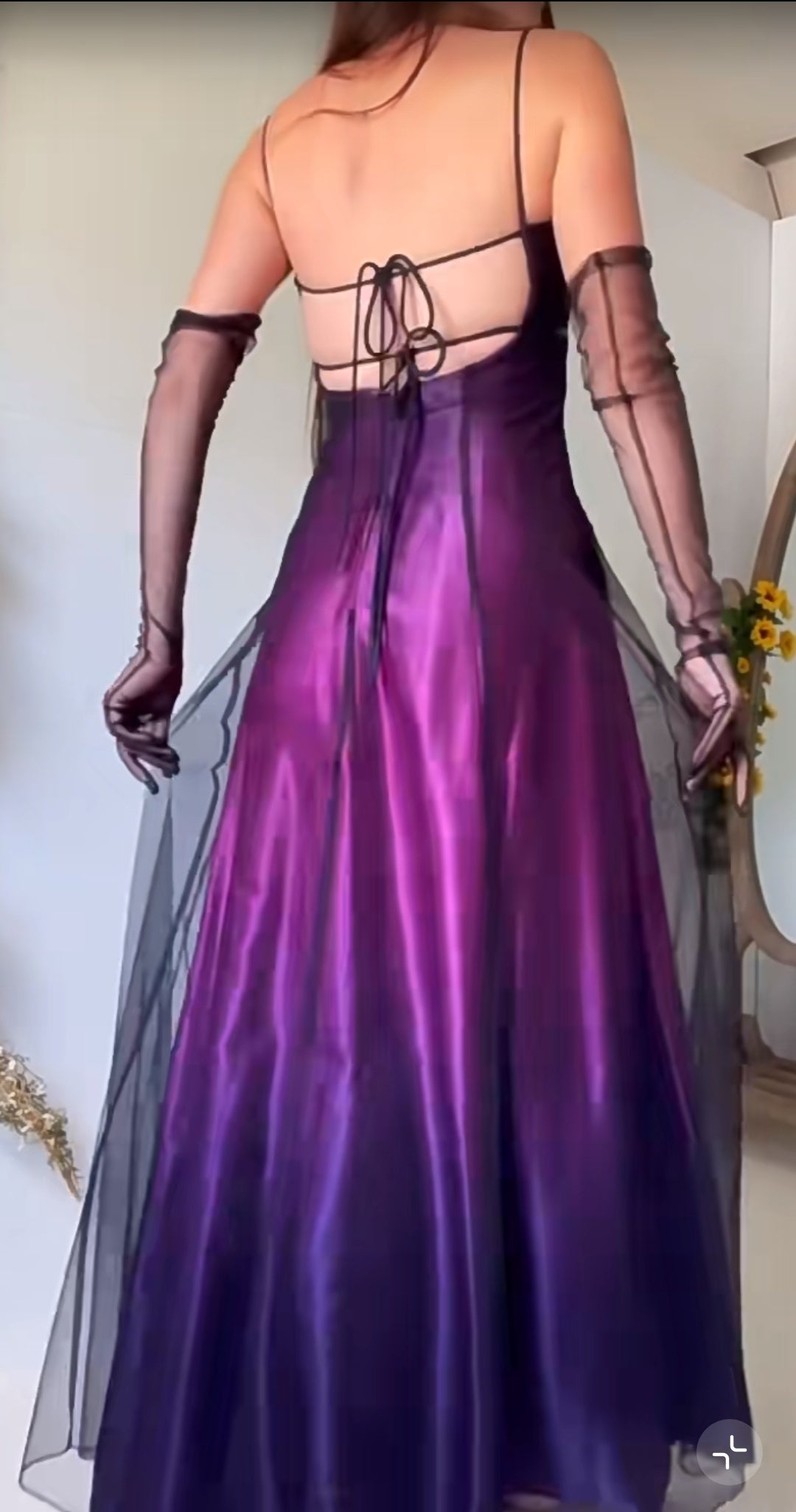 Niulatu Midnight Purple Satin Long Prom Dress Enchanted Spaghetti Strap Beading & Tulle Evening Gown HZ1103