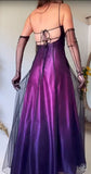 Niulatu Midnight Purple Satin Long Prom Dress Enchanted Spaghetti Strap Beading & Tulle Evening Gown HZ1103