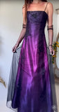 Niulatu Midnight Purple Satin Long Prom Dress Enchanted Spaghetti Strap Beading & Tulle Evening Gown HZ1103