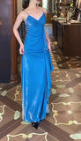 Niulatu Blue Spaghetti Strap Velvet Long Prom Dress Vintage Backless Party Dress HZ1103