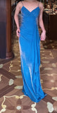Niulatu Blue Spaghetti Strap Velvet Long Prom Dress Vintage Backless Party Dress HZ1103