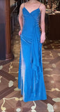 Niulatu Blue Spaghetti Strap Velvet Long Prom Dress Vintage Backless Party Dress HZ1103