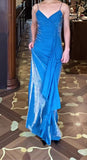 Niulatu Blue Spaghetti Strap Velvet Long Prom Dress Vintage Backless Party Dress HZ1103