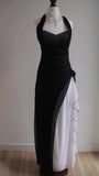 Niulatu Black Chiffon Beaded Neck Prom Dresses Elegant White Ruffle Party Dresses HZ1103