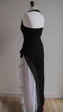 Niulatu Black Chiffon Beaded Neck Prom Dresses Elegant White Ruffle Party Dresses HZ1103