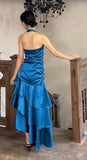 Niulatu Satin Blue Halter Prom Dresses Elegant Ruffle Backless Party Dresses HZ1103