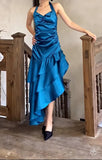 Niulatu Satin Blue Halter Prom Dresses Elegant Ruffle Backless Party Dresses HZ1103
