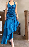 Niulatu Satin Blue Halter Prom Dresses Elegant Ruffle Backless Party Dresses HZ1103