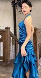 Niulatu Satin Blue Halter Prom Dresses Elegant Ruffle Backless Party Dresses HZ1103