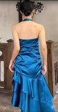 Niulatu Satin Blue Halter Prom Dresses Elegant Ruffle Backless Party Dresses HZ1103