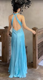 Niulatu Satin Sky Blue Halter Prom Dress Elegant Beaded Backless Evening Gowns HZ1103