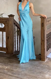 Niulatu Satin Sky Blue Halter Prom Dress Elegant Beaded Backless Evening Gowns HZ1103