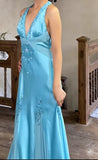 Niulatu Satin Sky Blue Halter Prom Dress Elegant Beaded Backless Evening Gowns HZ1103