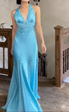Niulatu Satin Sky Blue Halter Prom Dress Elegant Beaded Backless Evening Gowns HZ1103