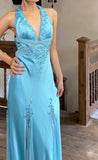 Niulatu Satin Sky Blue Halter Prom Dress Elegant Beaded Backless Evening Gowns HZ1103