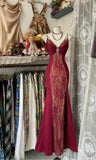 Niulatu Red Satin Lace Applique Beaded Long Prom Dress Vintage Spaghetti Straps Mermaid Gowns (Under $200) HZ1103