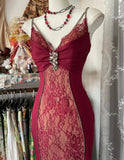 Niulatu Red Satin Lace Applique Beaded Long Prom Dress Vintage Spaghetti Straps Mermaid Gowns (Under $200) HZ1103
