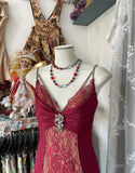 Niulatu Red Satin Lace Applique Beaded Long Prom Dress Vintage Spaghetti Straps Mermaid Gowns (Under $200) HZ1103
