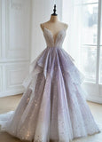 Niulatu Spaghetti Straps A-line Tulle Sequins Deep V Neck Layered Long Ball Gown Formal Evening Dress HZ1103