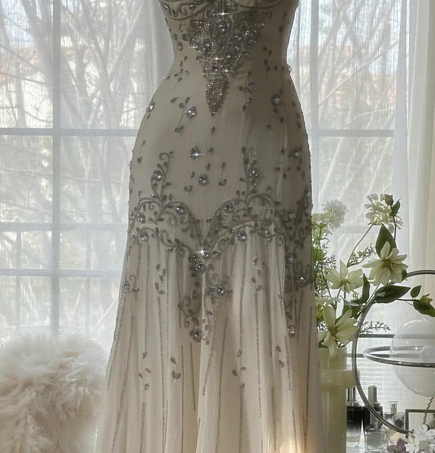 Niulatu Spaghetti Straps Apricot Beaded Chiffon Mermaid Gowns Vintage Backless Prom Dress HZ1026