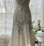 Niulatu Spaghetti Straps Apricot Beaded Chiffon Mermaid Gowns Vintage Backless Prom Dress HZ1026